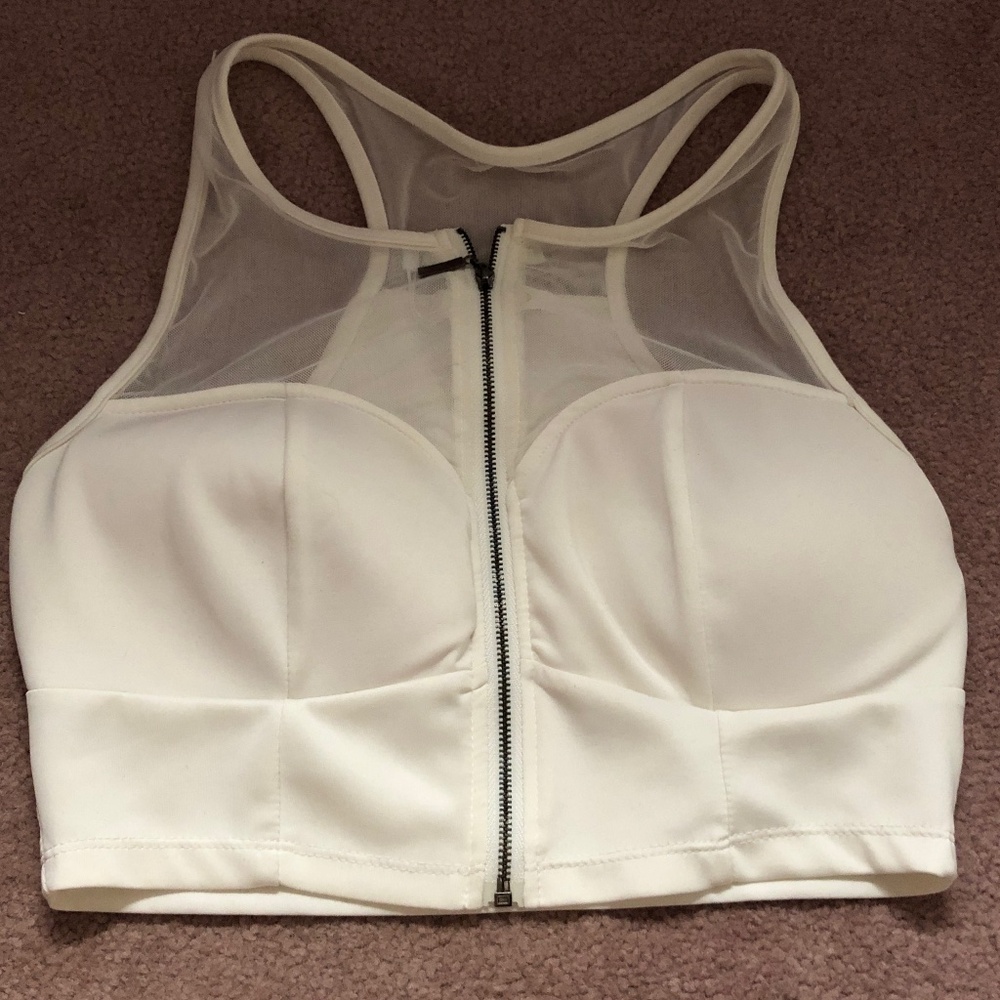 Sexy Athleisure Activewear White Yoga mesh Zip front Bra crop Top